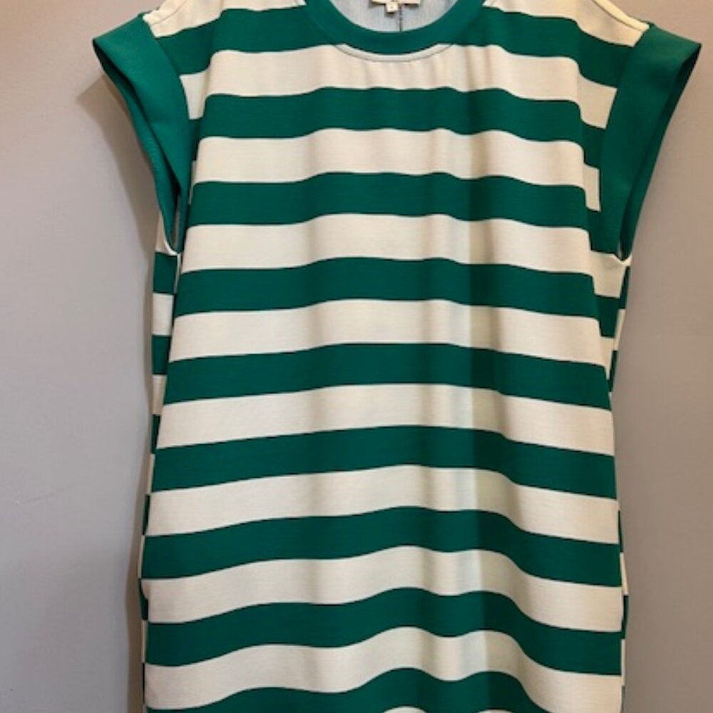 Entro Dress Womens Green White Stripe Sleeveless Mini Dress Pockets